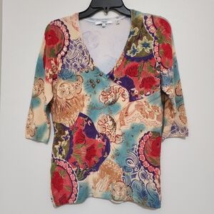 VERTIGO Paris V Neck Floral Beaded 3/4 Sleeve Top sz L Multicolor